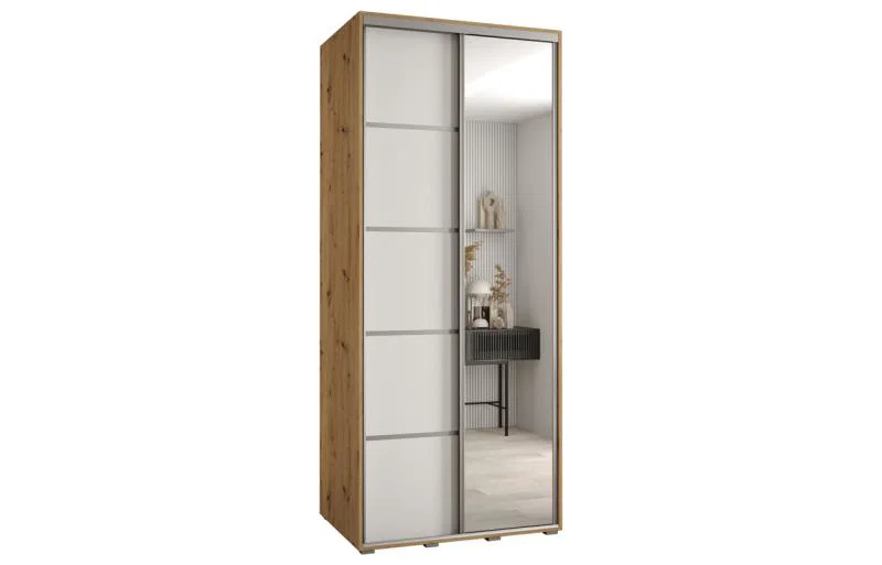 Šatní skříň DAVOS 5 posuvné dvěře a zrcadlo, 100×235×45, DUB Artisan / bílá / stříbrné