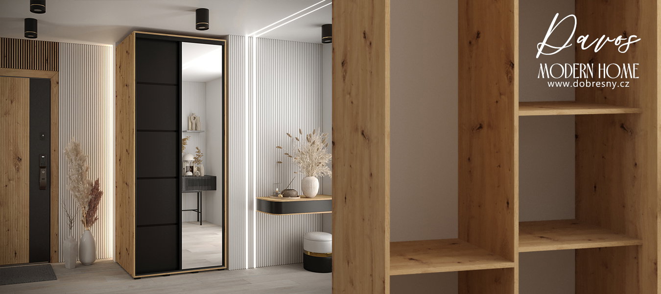 Šatníková skriňa DAVOS 5 posuvné dvere a zrkadlo, 100×235×45, DUB Artisan / čierna / čierne