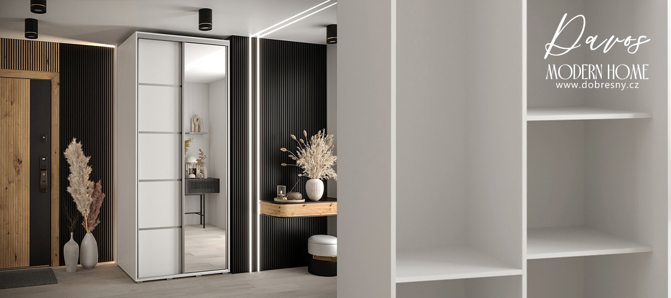 Šatníková skriňa DAVOS 5 posuvné dvere a zrkadlo, 100×235×45, Biela / strieborné pojazdy