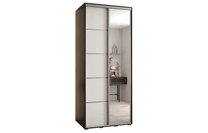 Šatní skříň DAVOS 5 posuvné dvěře a zrcadlo, 100×235×45, Černá / bílá / stříbrné pojezdy
