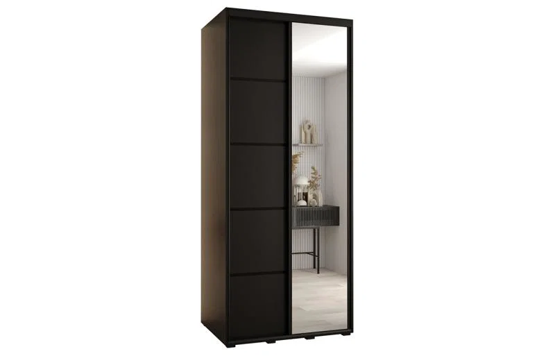 Šatní skříň DAVOS 5 posuvné dvěře a zrcadlo, 100×235×45, Černá / černé pojezdy