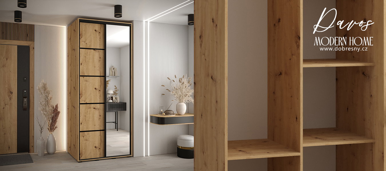 Šatníková skriňa DAVOS 5 posuvné dvere a zrkadlo, 120×235×45, DUB Artisan / čierne pojazdy