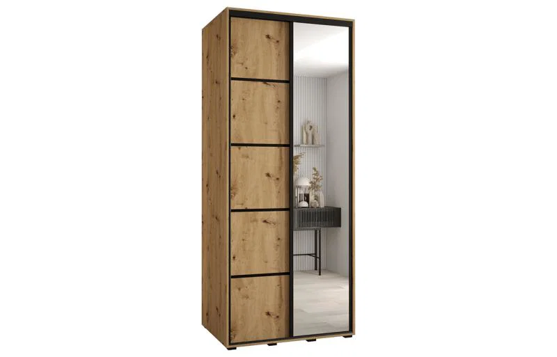 Šatní skříň DAVOS 5 posuvné dvěře a zrcadlo, 120×235×45, DUB Artisan / černé pojezdy