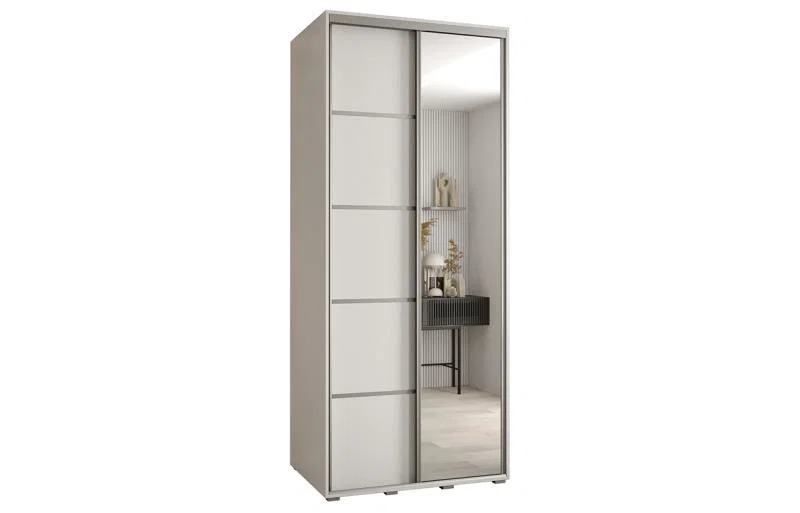 Šatní skříň DAVOS 5 posuvné dvěře a zrcadlo, 120×235×45, Bílá / stříbrné pojezdy