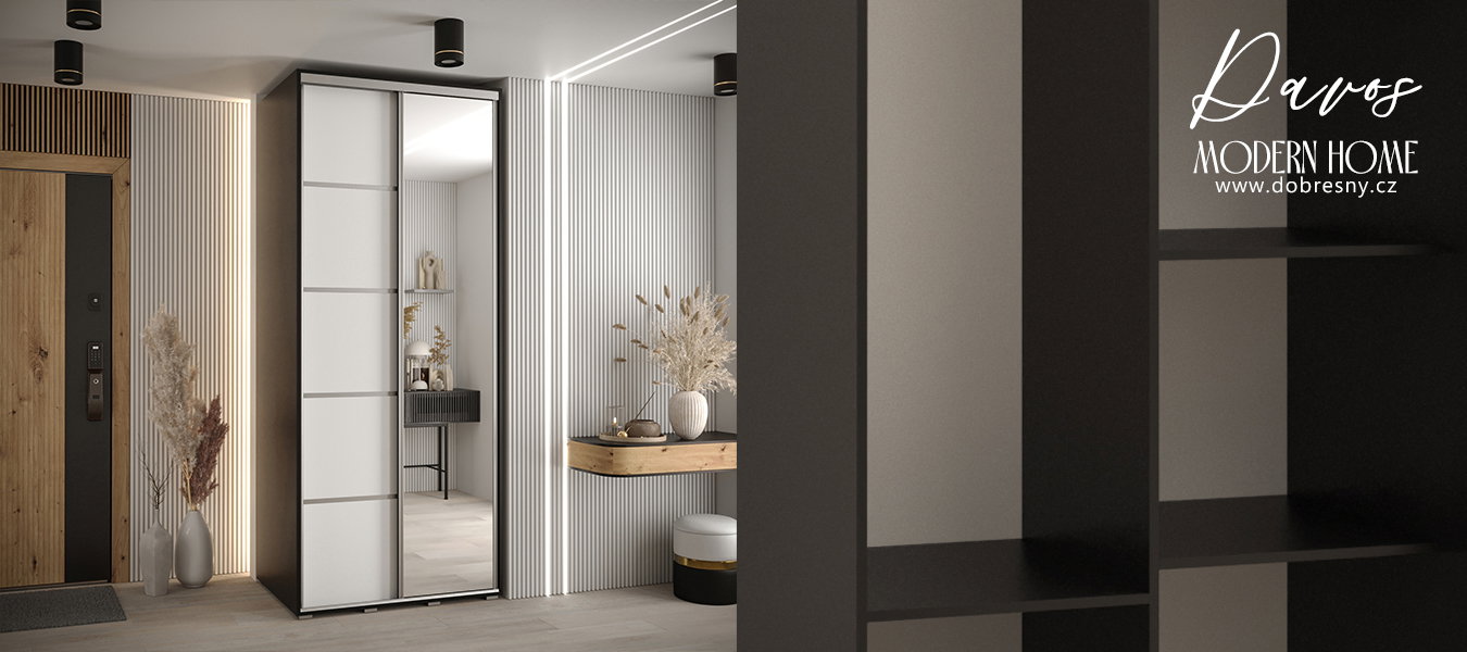 Šatníková skriňa DAVOS 5 posuvné dvere a zrkadlo, 120×235×45, Čierna / biela / strieborné pojazdy