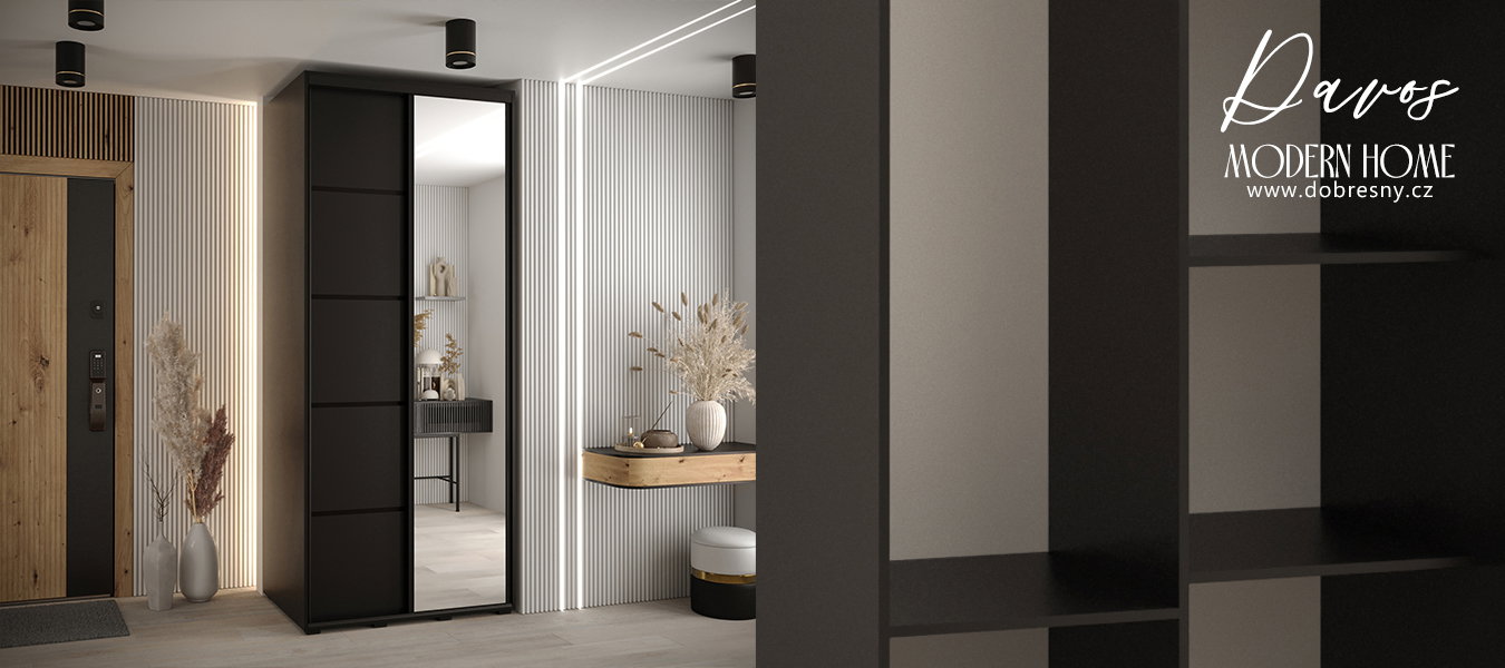 Šatníková skriňa DAVOS 5 posuvné dvere a zrkadlo, 120×235×45, Čierna / čierne pojazdy