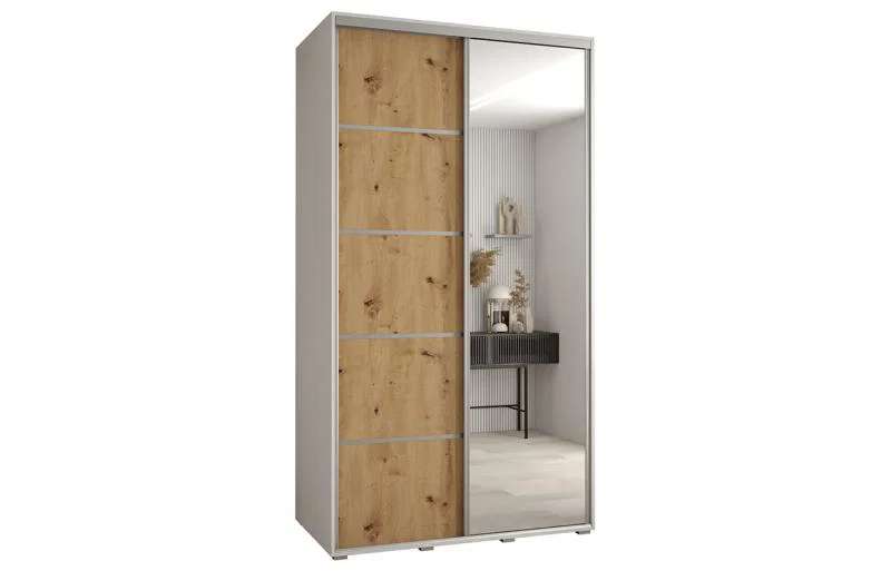 Šatní skříň DAVOS 5 posuvné dvěře a zrcadlo, 140×235×45, Bílá / DUB Artisan / stříbrné