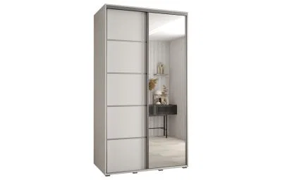 Šatní skříň DAVOS 5 posuvné dvěře a zrcadlo, 140×235×45, Bílá / stříbrné pojezdy