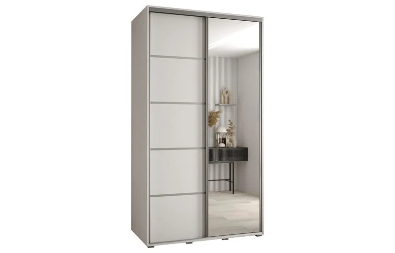 Šatní skříň DAVOS 5 posuvné dvěře a zrcadlo, 140×235×45, Bílá / stříbrné pojezdy