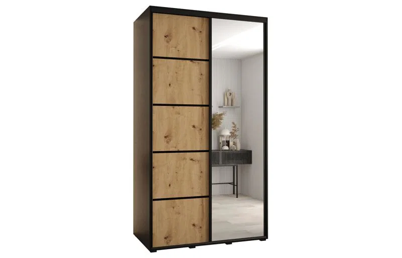 Šatní skříň DAVOS 5 posuvné dvěře a zrcadlo, 140×235×45, Černá / DUB Artisan / černé
