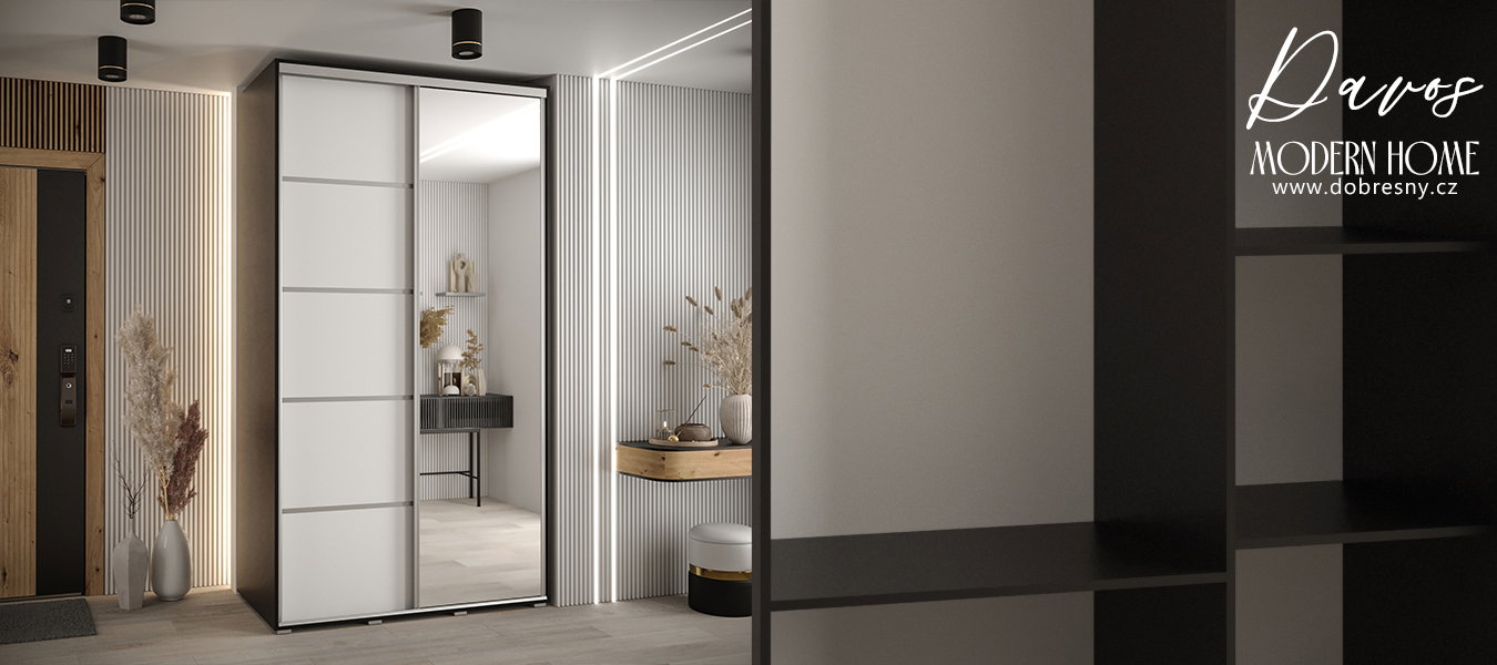 Šatníková skriňa DAVOS 5 posuvné dvere a zrkadlo, 140×235×45, Čierna / biela / strieborné pojazdy