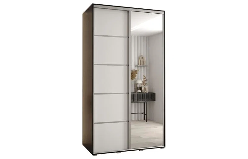 Šatní skříň DAVOS 5 posuvné dvěře a zrcadlo, 140×235×45, Černá / bílá / stříbrné pojezdy