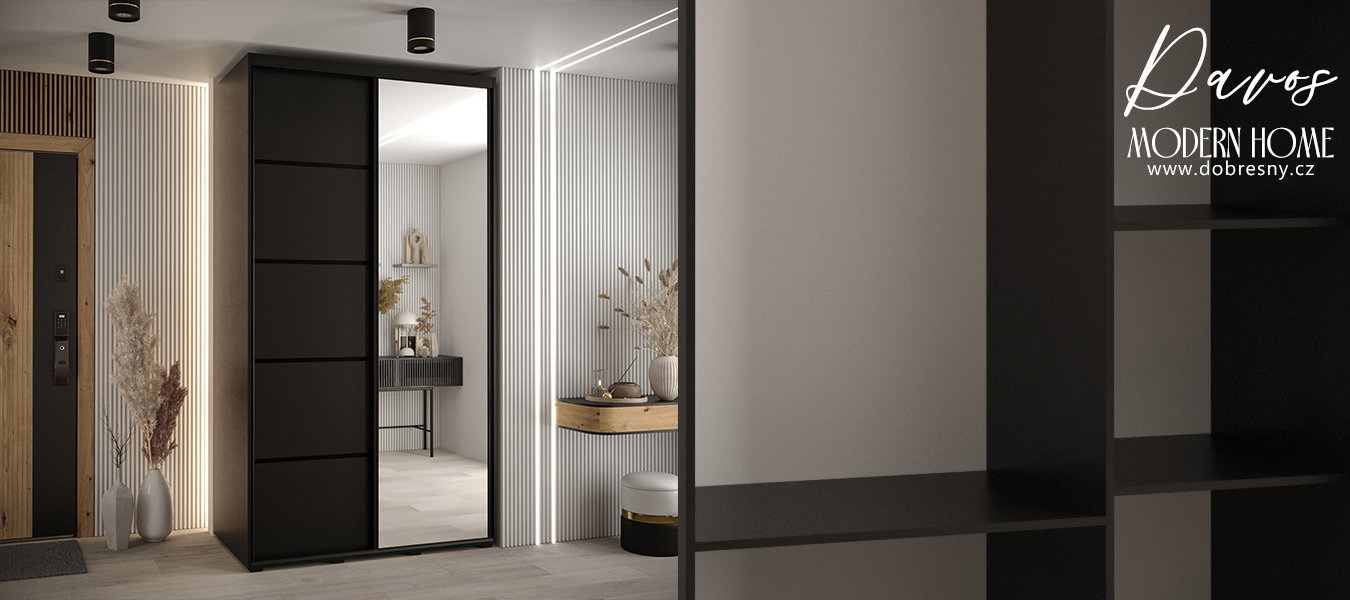 Šatníková skriňa DAVOS 5 posuvné dvere a zrkadlo, 140×235×45, Čierna / čierne pojazdy