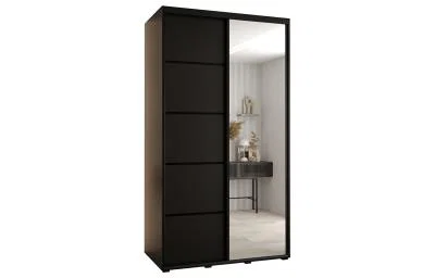 Šatní skříň DAVOS 5 posuvné dvěře a zrcadlo, 140×235×45, Černá / černé pojezdy