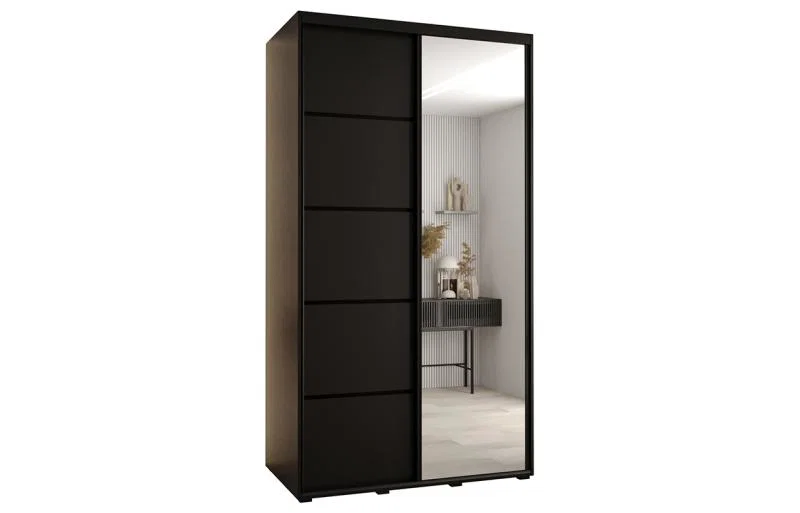 Šatní skříň DAVOS 5 posuvné dvěře a zrcadlo, 140×235×45, Černá / černé pojezdy