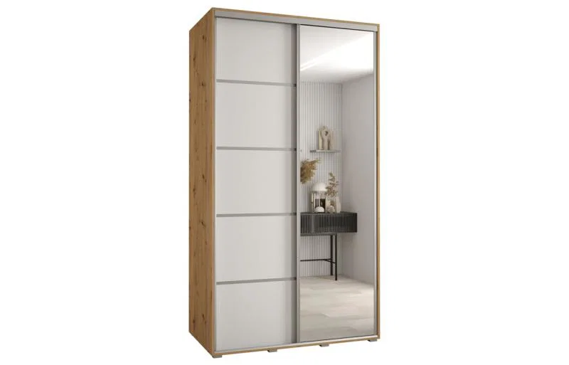 Šatní skříň DAVOS 5 posuvné dvěře a zrcadlo, 140×235×45, DUB Artisan / bílá / stříbrné