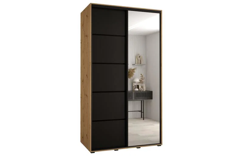 Šatní skříň DAVOS 5 posuvné dvěře a zrcadlo, 140×235×45, DUB Artisan / černá / černé