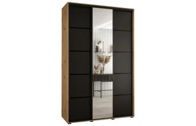 Šatní skříň DAVOS 5 posuvné dvěře a zrcadlo, 150×235×45, DUB Artisan / černá / černé