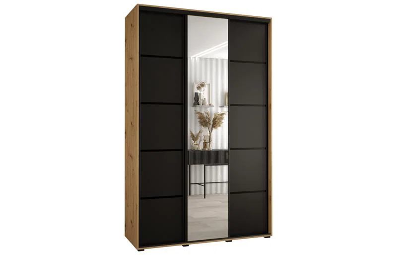 Šatní skříň DAVOS 5 posuvné dvěře a zrcadlo, 150×235×45, DUB Artisan / černá / černé