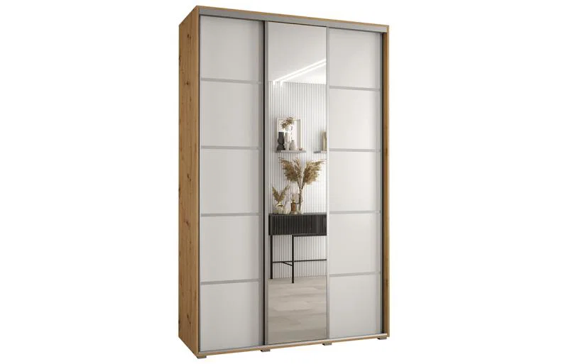 Šatní skříň DAVOS 5 posuvné dvěře a zrcadlo, 150×235×45, DUB Artisan / bílá / stříbrné