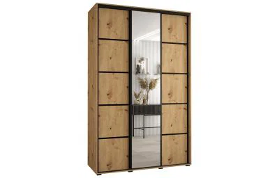 Šatní skříň DAVOS 5 posuvné dvěře a zrcadlo, 150×235×45, DUB Artisan / černé pojezdy