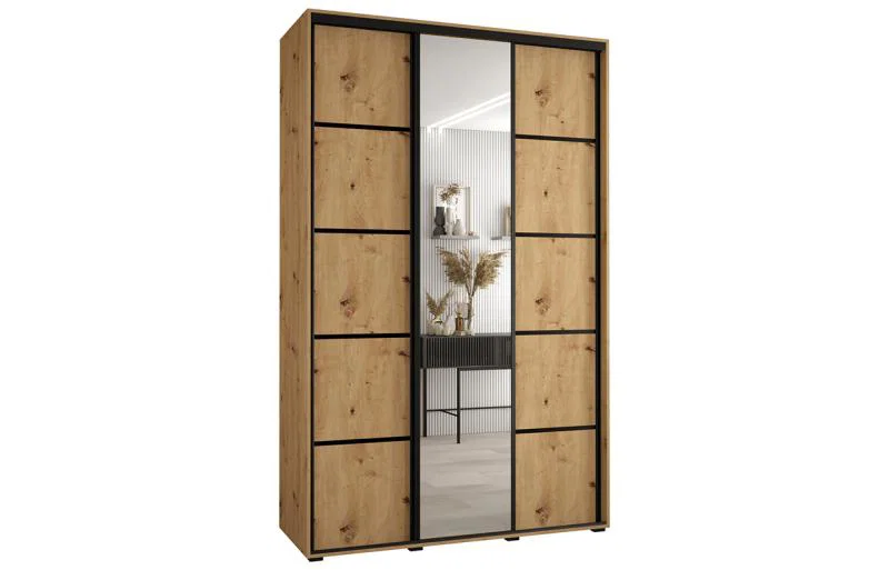 Šatní skříň DAVOS 5 posuvné dvěře a zrcadlo, 150×235×45, DUB Artisan / černé pojezdy