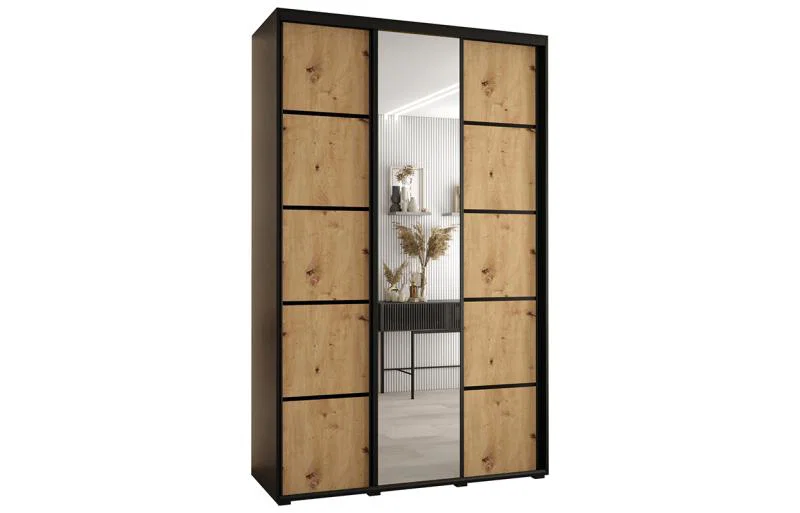 Šatní skříň DAVOS 5 posuvné dvěře a zrcadlo, 150×235×45, Černá / DUB Artisan / černé