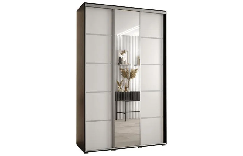 Šatní skříň DAVOS 5 posuvné dvěře a zrcadlo, 150×235×45, Černá / bílá / stříbrné pojezdy