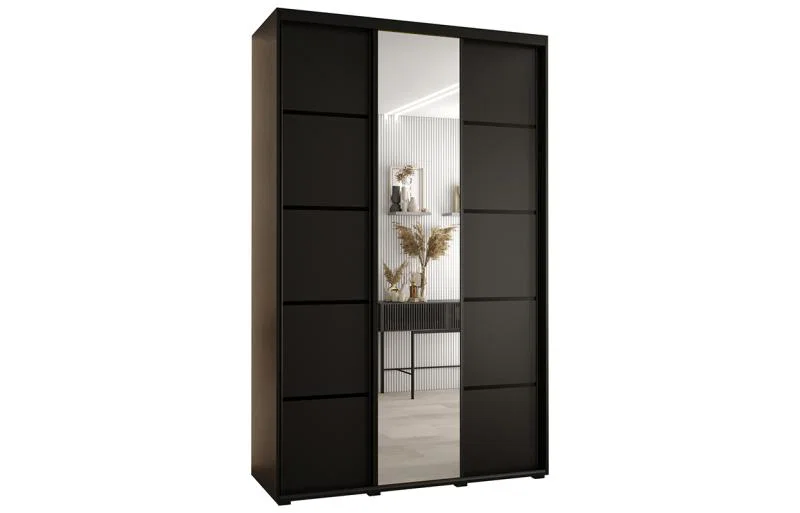 Šatní skříň DAVOS 5 posuvné dvěře a zrcadlo, 150×235×45, Černá / černé pojezdy