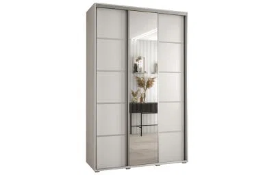 Šatní skříň DAVOS 5 posuvné dvěře a zrcadlo, 150×235×45, Bílá / stříbrné pojezdy