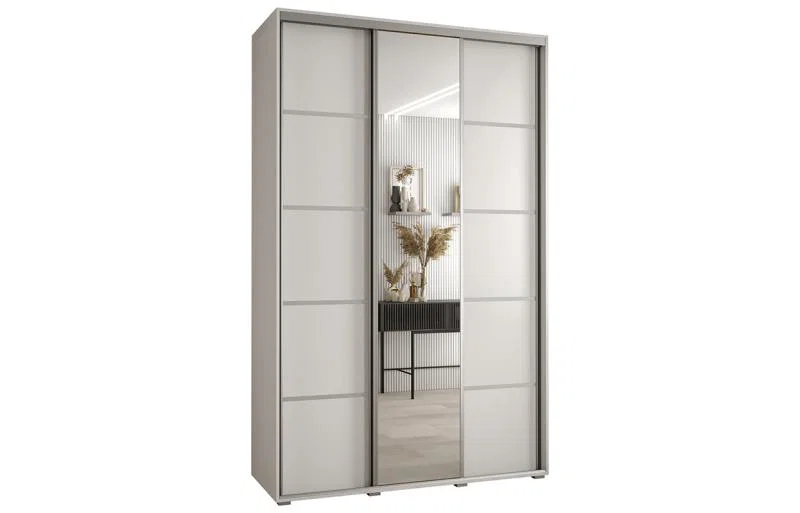 Šatní skříň DAVOS 5 posuvné dvěře a zrcadlo, 150×235×45, Bílá / stříbrné pojezdy