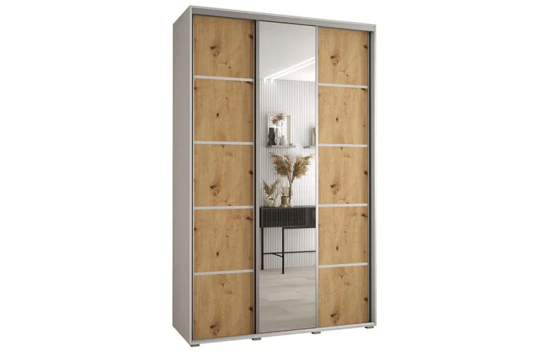 Šatní skříň DAVOS 5 posuvné dvěře a zrcadlo, 150×235×45, Bílá / DUB Artisan / stříbrné