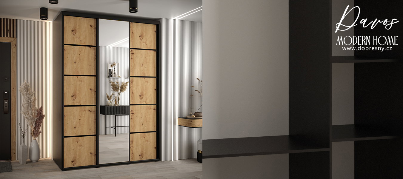 Šatníková skriňa DAVOS 5 posuvné dvere a zrkadlo, 170×235×45, Čierna / DUB Artisan / čierne