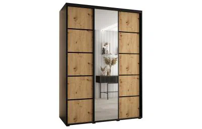 Šatní skříň DAVOS 5 posuvné dvěře a zrcadlo, 170×235×45, Černá / DUB Artisan / černé