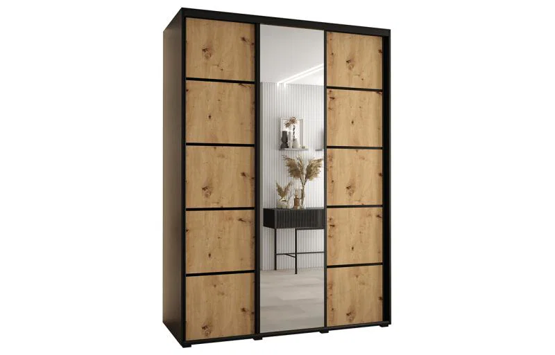 Šatní skříň DAVOS 5 posuvné dvěře a zrcadlo, 170×235×45, Černá / DUB Artisan / černé