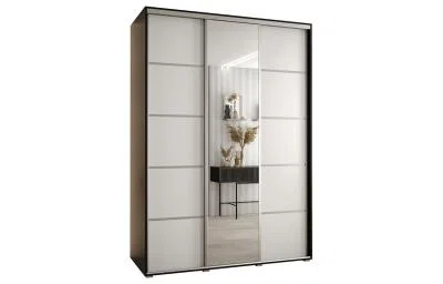Šatní skříň DAVOS 5 posuvné dvěře a zrcadlo, 170×235×45, Černá / bílá / stříbrné pojezdy