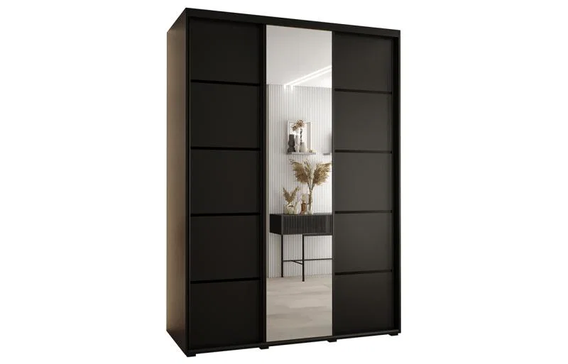 Šatní skříň DAVOS 5 posuvné dvěře a zrcadlo, 170×235×45, Černá / černé pojezdy