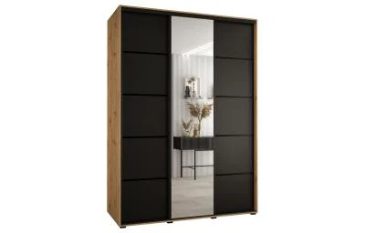 Šatní skříň DAVOS 5 posuvné dvěře a zrcadlo, 170×235×45, DUB Artisan / černá / černé