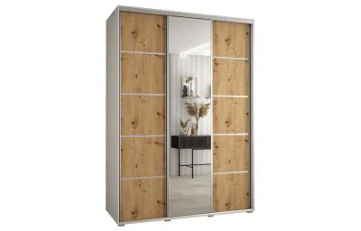Šatní skříň DAVOS 5 posuvné dvěře a zrcadlo, 170×235×45, Bílá / DUB Artisan / stříbrné