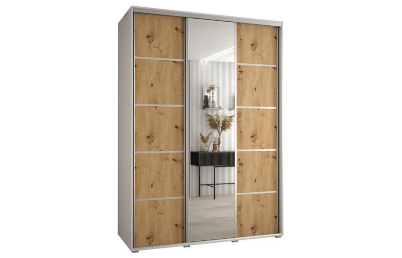 Šatní skříň DAVOS 5 posuvné dvěře a zrcadlo, 170×235×45, Bílá / DUB Artisan / stříbrné