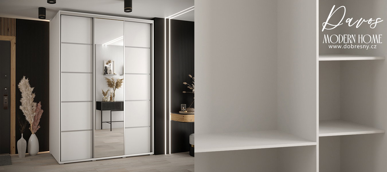 Šatníková skriňa DAVOS 5 posuvné dvere a zrkadlo, 180×235×45, Biela / strieborné pojazdy
