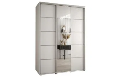 Šatní skříň DAVOS 5 posuvné dvěře a zrcadlo, 180×235×45, Bílá / stříbrné pojezdy