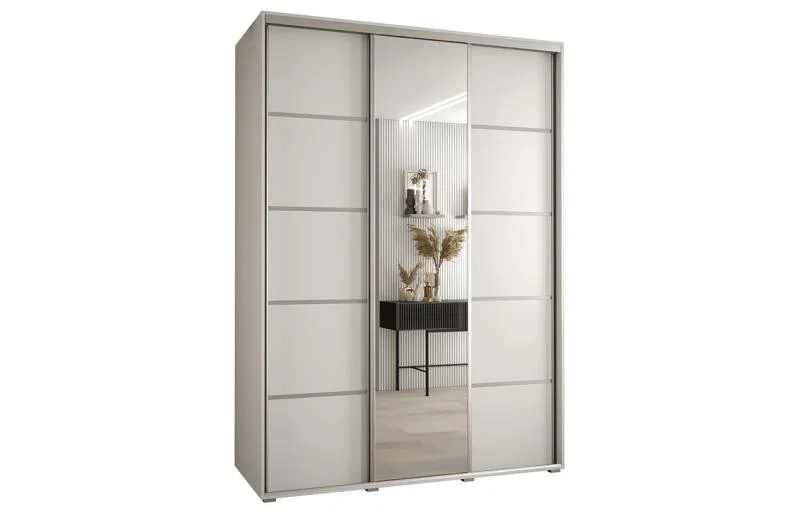 Šatní skříň DAVOS 5 posuvné dvěře a zrcadlo, 180×235×45, Bílá / stříbrné pojezdy