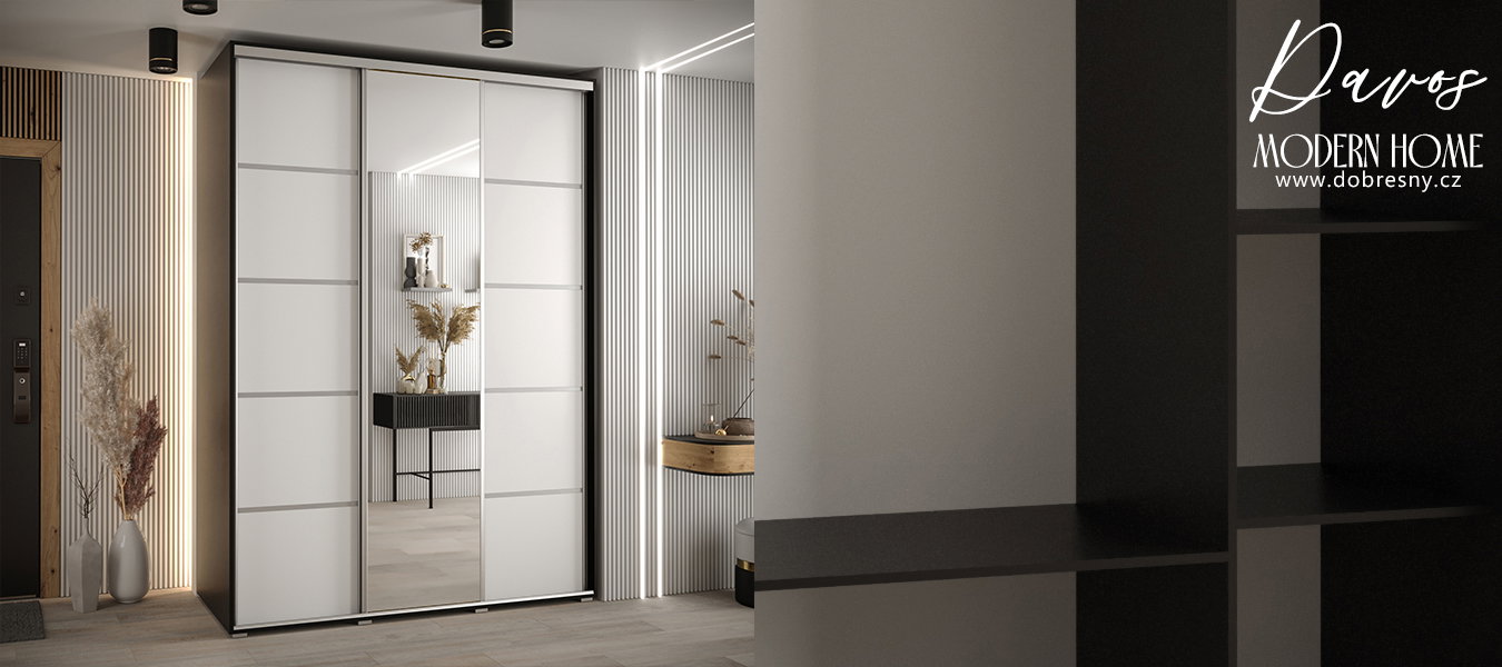 Šatníková skriňa DAVOS 5 posuvné dvere a zrkadlo, 180×235×45, Čierna / biela / strieborné pojazdy