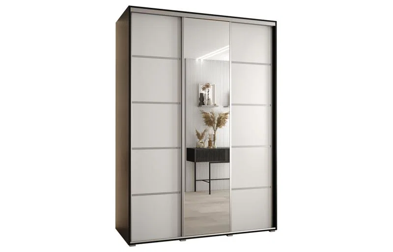 Šatní skříň DAVOS 5 posuvné dvěře a zrcadlo, 180×235×45, Černá / bílá / stříbrné pojezdy