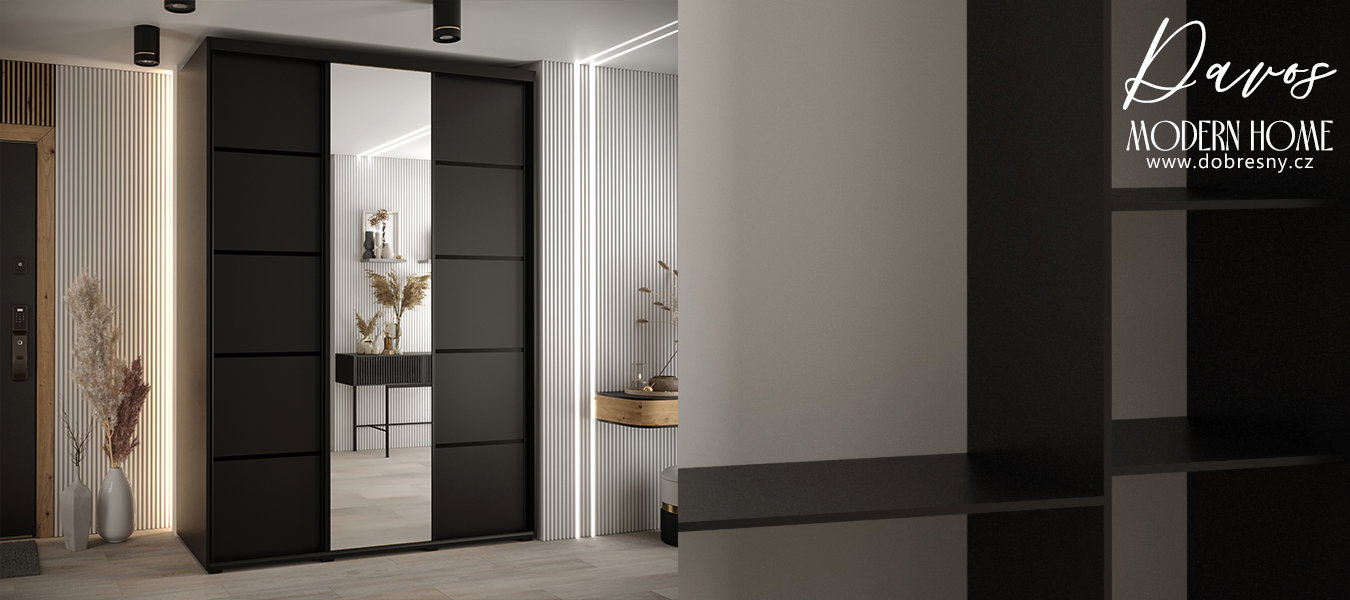 Šatníková skriňa DAVOS 5 posuvné dvere a zrkadlo, 180×235×45, Čierna / čierne pojazdy