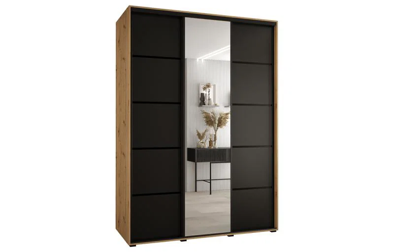 Šatní skříň DAVOS 5 posuvné dvěře a zrcadlo, 180×235×45, DUB Artisan / černá / černé