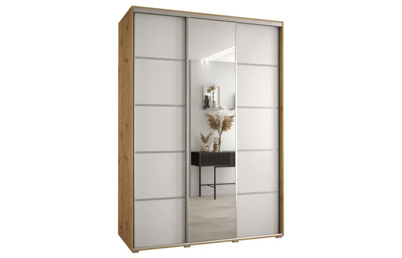Šatní skříň DAVOS 5 posuvné dvěře a zrcadlo, 180×235×45, DUB Artisan / bílá / stříbrné