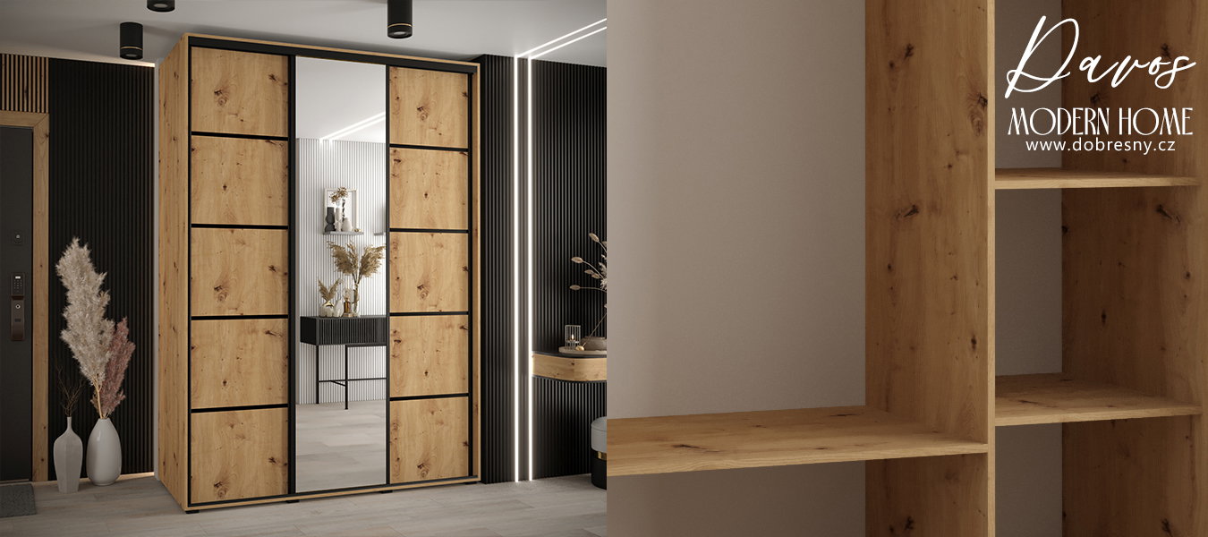Šatníková skriňa DAVOS 5 posuvné dvere a zrkadlo, 180×235×45, DUB Artisan / čierne pojazdy