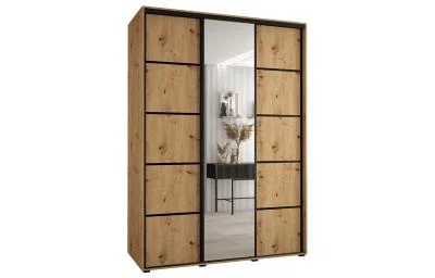 Šatní skříň DAVOS 5 posuvné dvěře a zrcadlo, 180×235×45, DUB Artisan / černé pojezdy